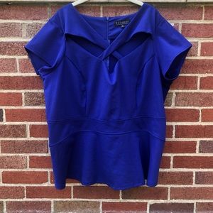 Eloquii blue peplum top with criss cross detail